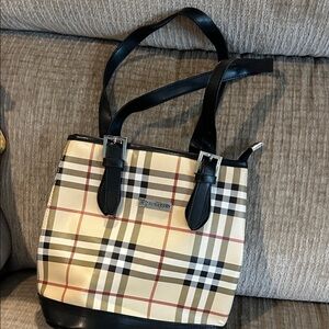 Burberry Tan and Black Plaid Tote  9 x 10 x 5 1/2 gently used